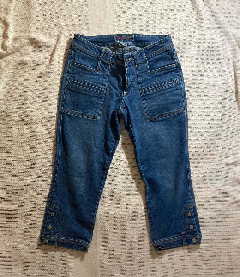 Blue Asphalt Light Wash Cargo Cropped Jeans with Button Cuffs Size 9